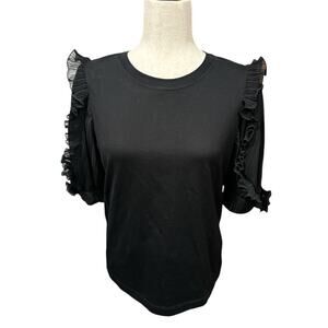 Sandro Paris Black Tee Shirt with Pleated Puffy Sleeves S